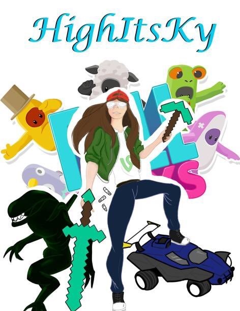 Digital drawing of Ky holding Minecraft weapons with fall guys characters, 
				a monster from Alien Isolation, and her stepping on a rocket league vehicle with her foot