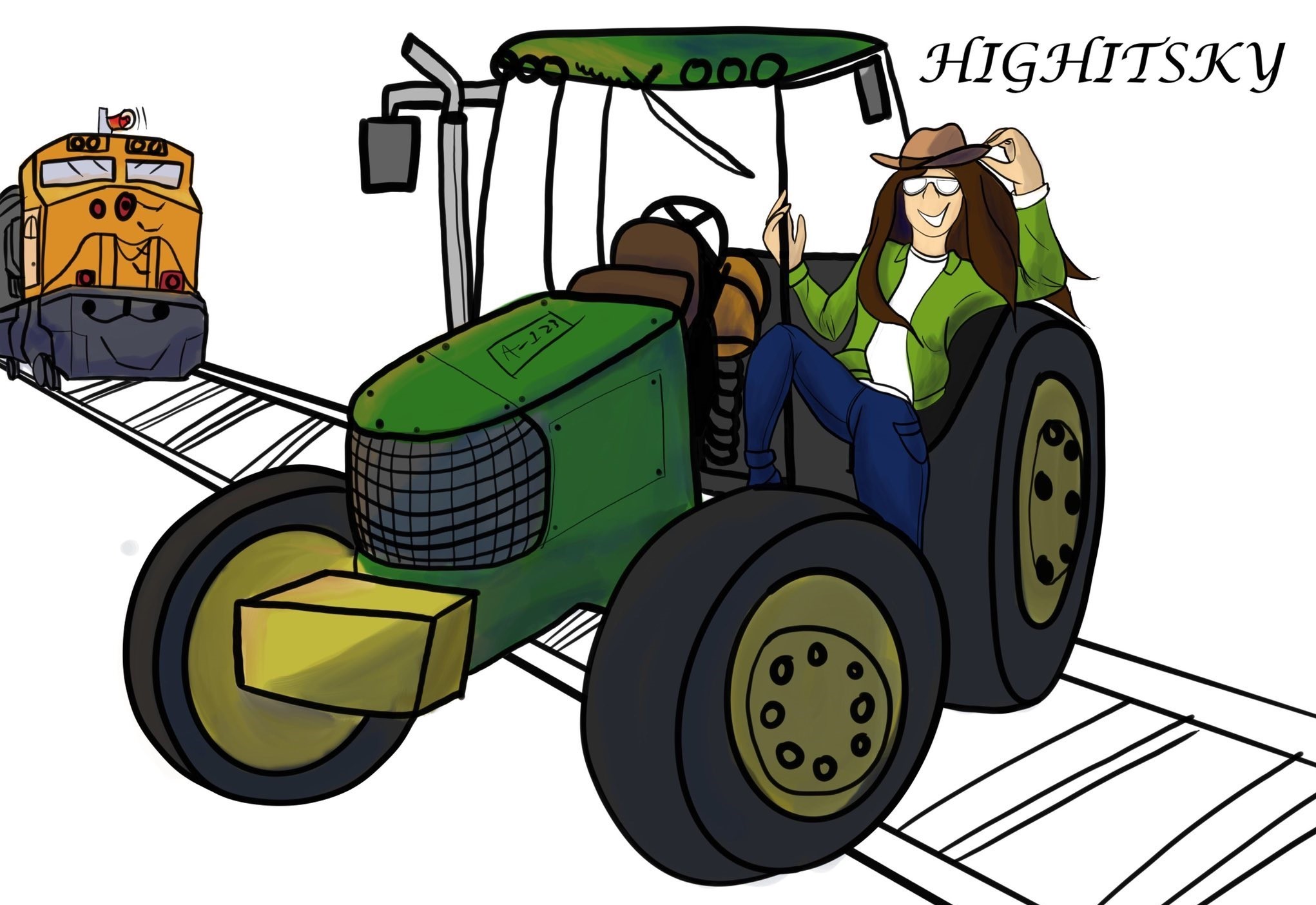 Digital drawing of Ky driving a green tractor over train tracks while a train chugs away in the distance