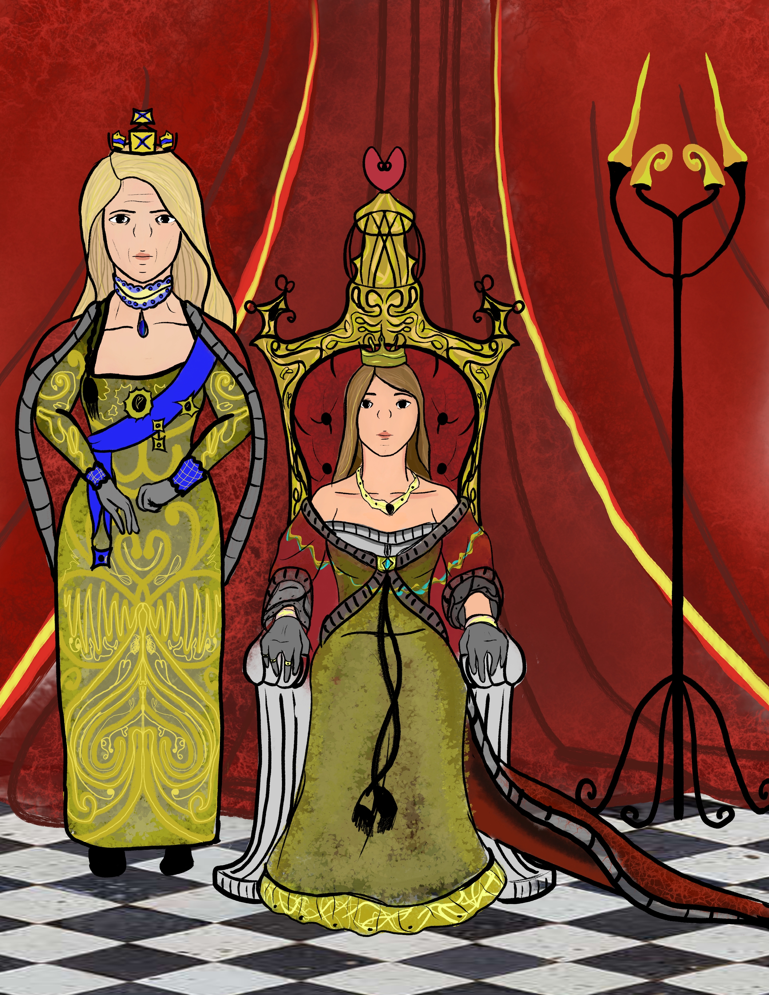 Digital drawing of Ky as a queen with Mama Ky by her side